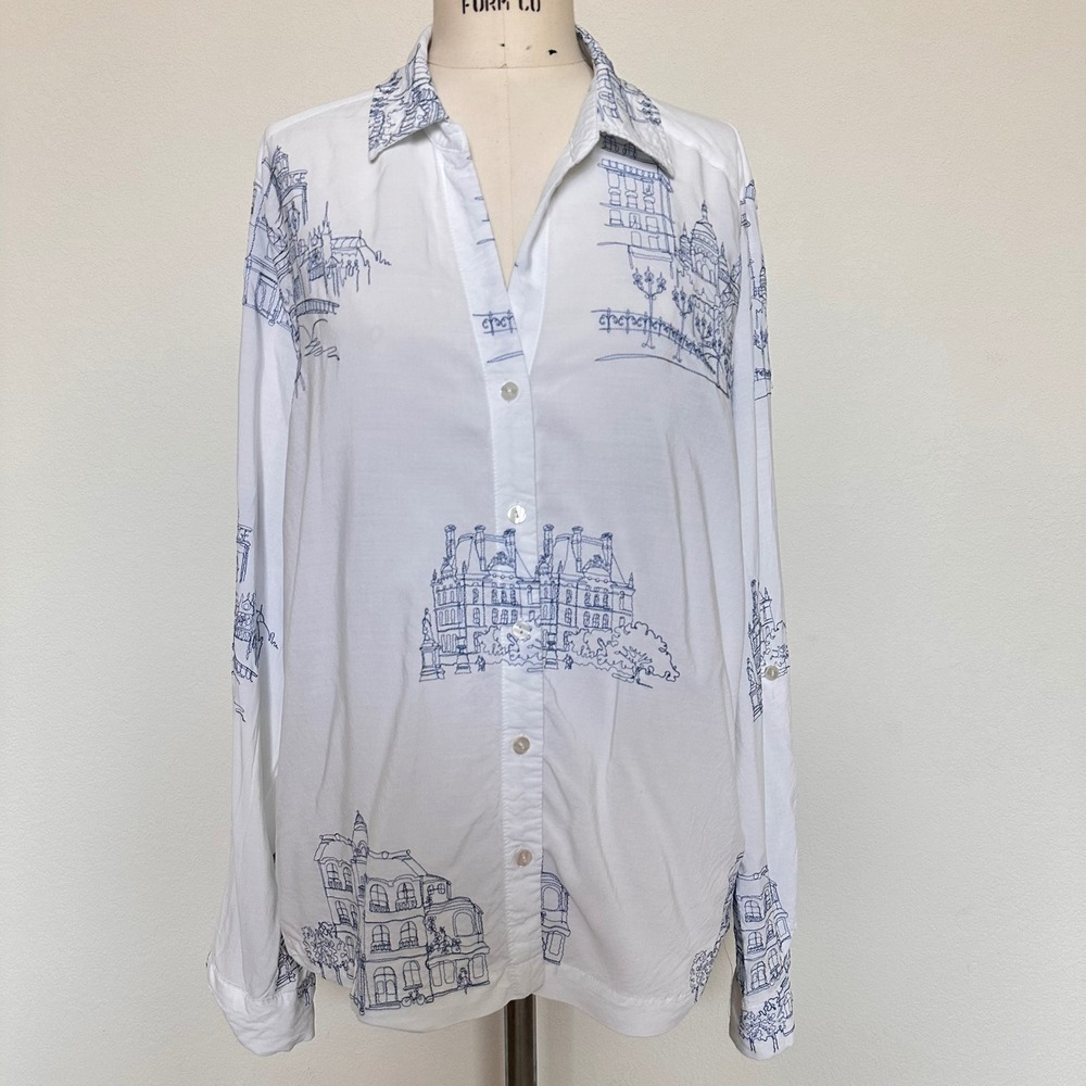 Anthropology Jane + Delancey Paris City Print Button Down Shirt White Blue Sz XL